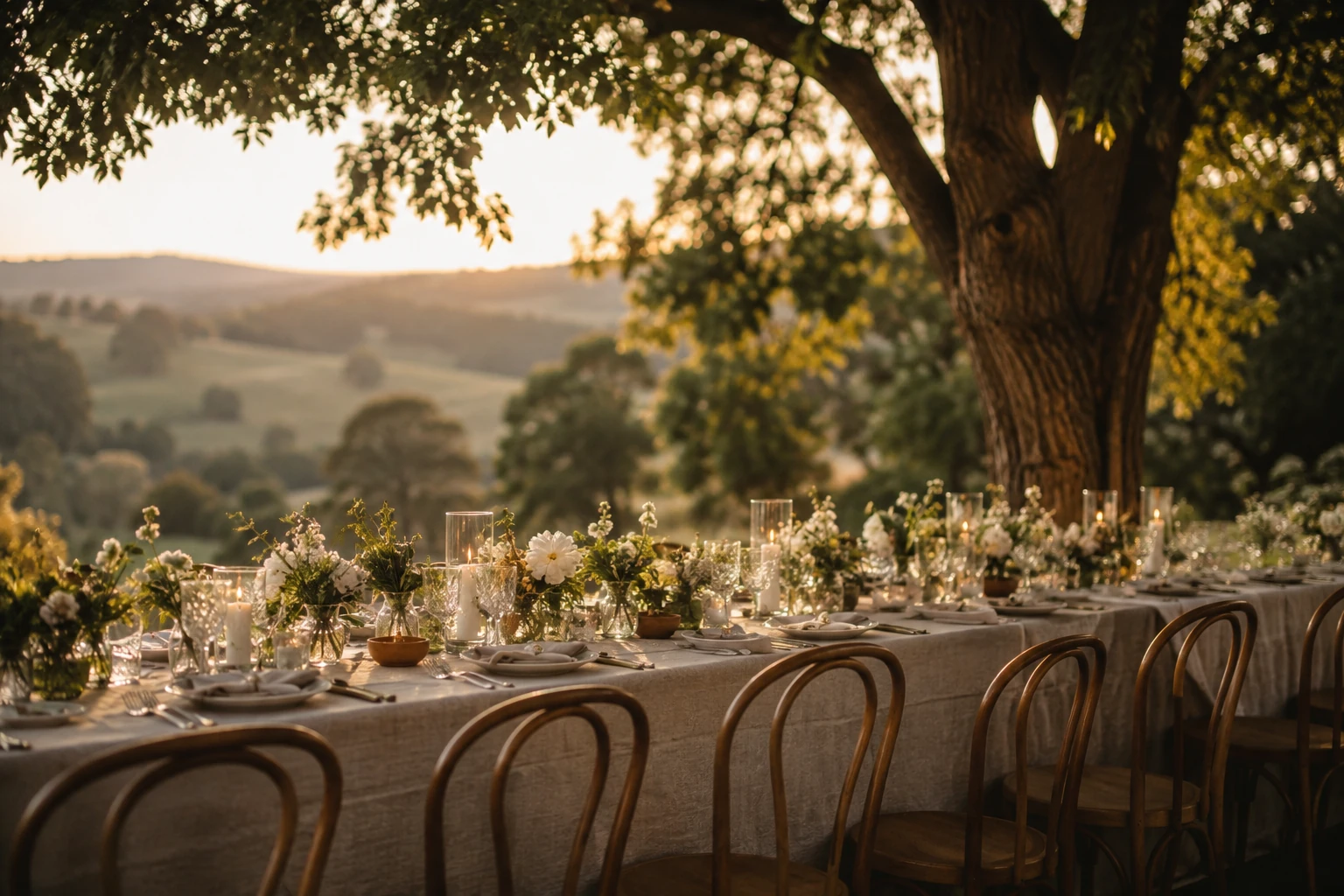 A sunlit celebration around a long outdoor table